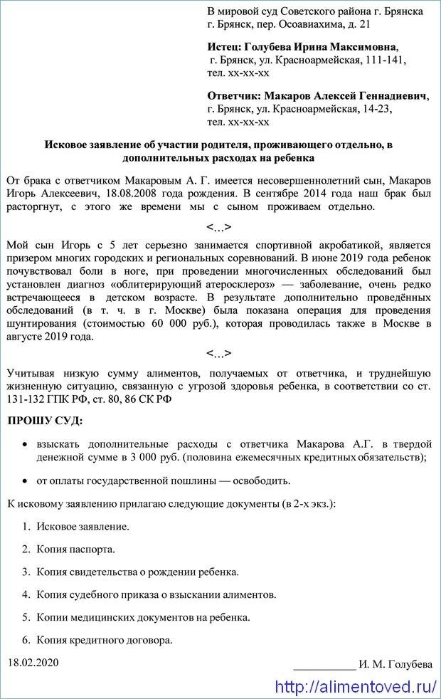 Иск о взыскании дополнительных расходов на содержание ребенка образец